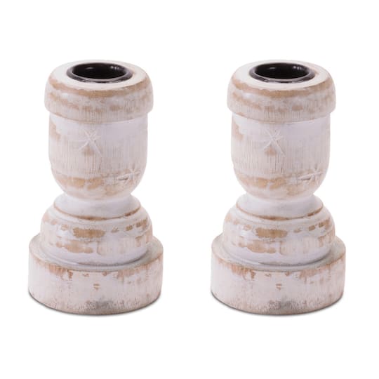 Melrose Whitewashed Wood Taper Candle Holders, 2ct.